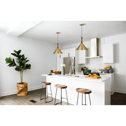 Hello Honey® Axel Brushed Gold Mid-Century Modern Metal & Natural Stained Wood Ceiling Light